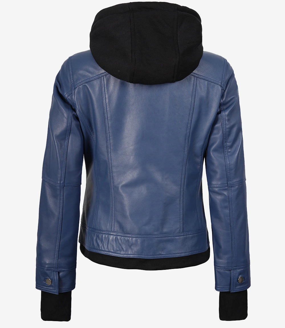 Womens Blue Bomber Leather Jacket With Hood
