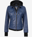 Womens Blue Bomber Leather Jacket With Hood