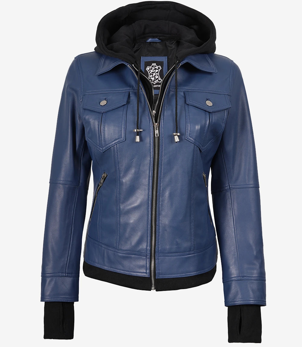 Womens Blue Bomber Leather Jacket With Hood
