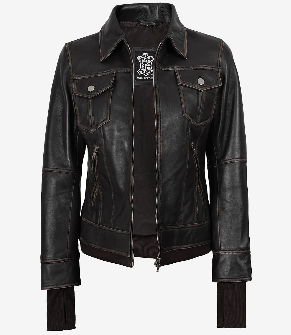 Women's Distressed Brown Bomber Leather Jacket with Removable Hood