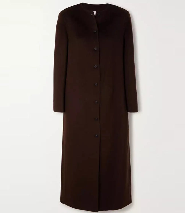 Womens Collarless Dark Brown Wool Trench Coat