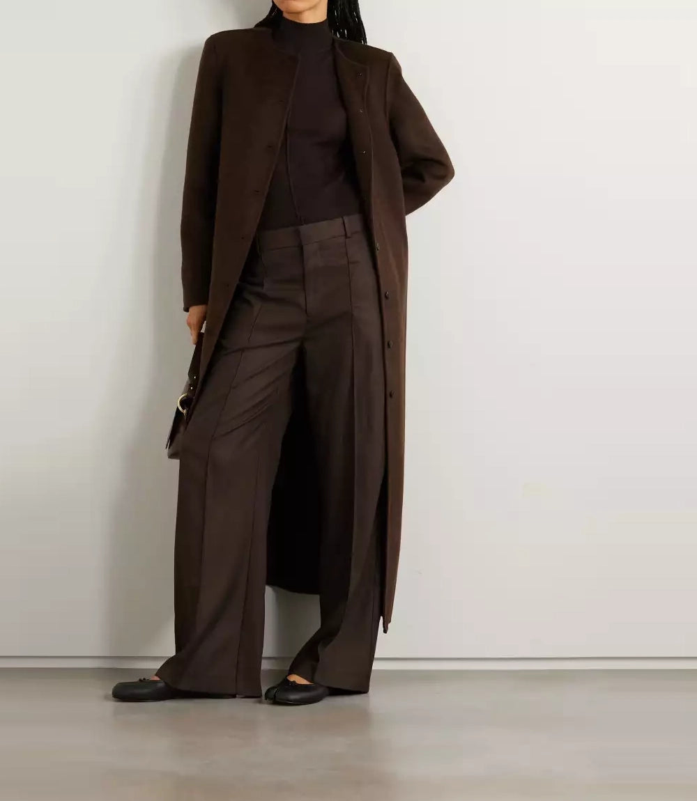 Womens Collarless Dark Brown Wool Trench Coat