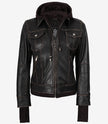 Women's Distressed Brown Bomber Leather Jacket with Removable Hood