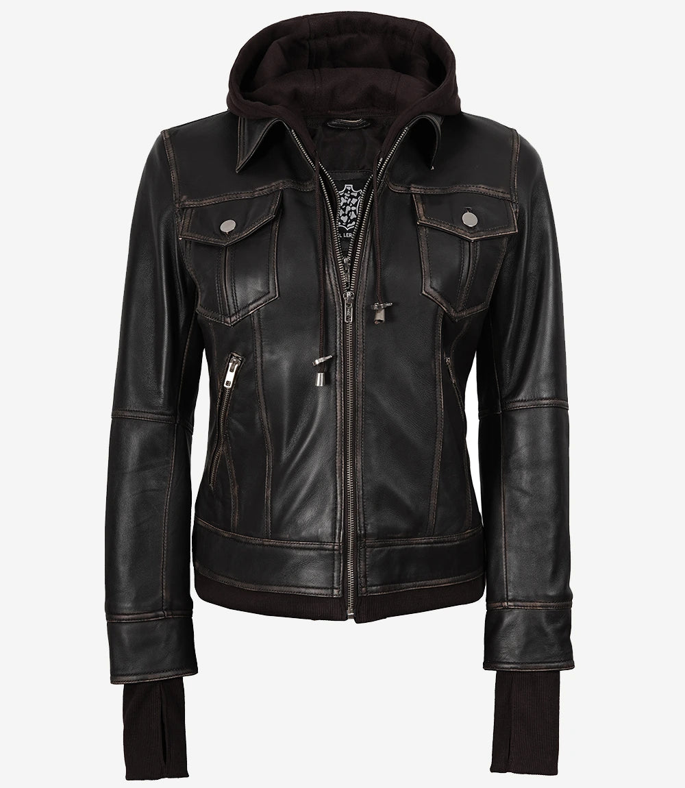 Women's Distressed Brown Bomber Leather Jacket with Removable Hood