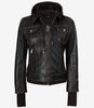 Women's Distressed Brown Bomber Leather Jacket with Removable Hood