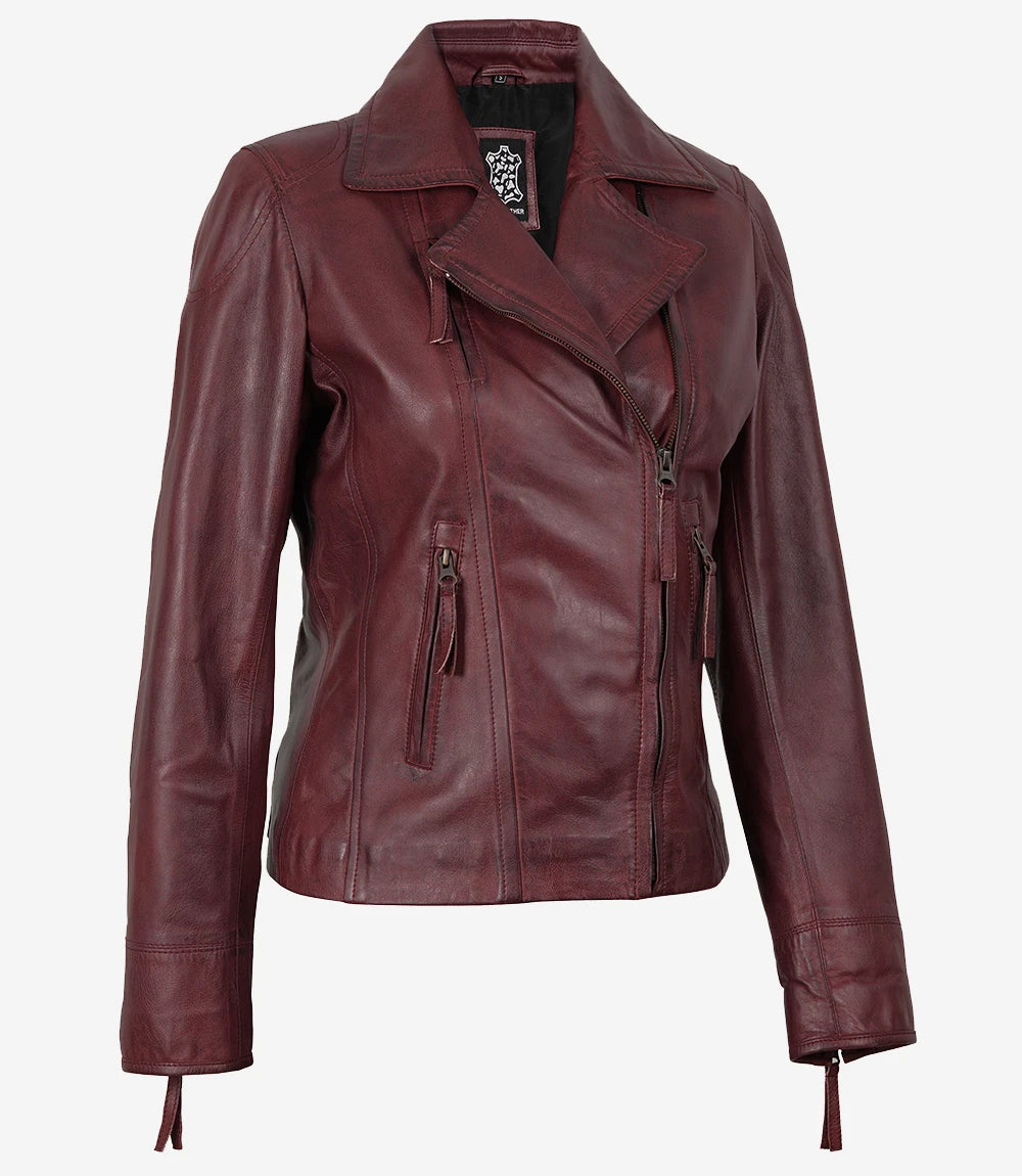 Women's Real Lambskin Leather Burgundy Biker Style Jacket
