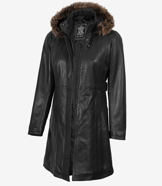 Women's Black Premium Leather Coat - Removable Fur Hood