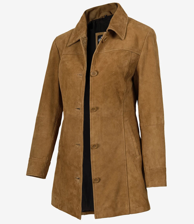 Women's 3/4 Length Button Down Brown Suede Coat