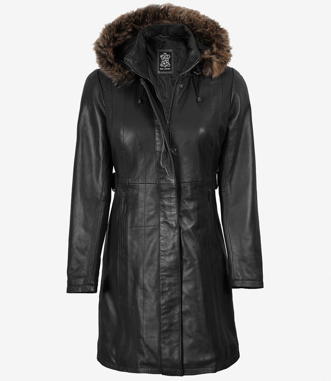 Women's Black Premium Leather Coat - Removable Fur Hood