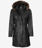 Women's Black Premium Leather Coat - Removable Fur Hood