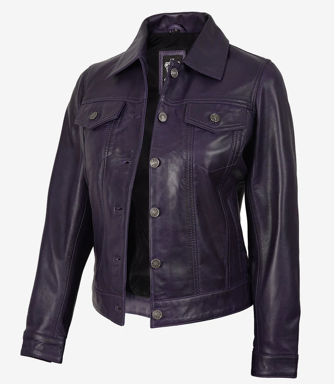 Women's Purple Leather Trucker Jacket