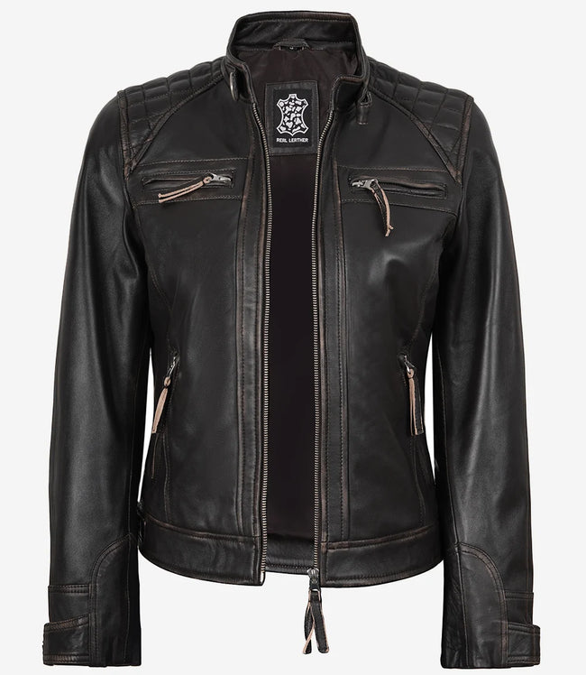 Women's Quilted Distressed Brown Real Lambskin Leather Biker Style Jacket