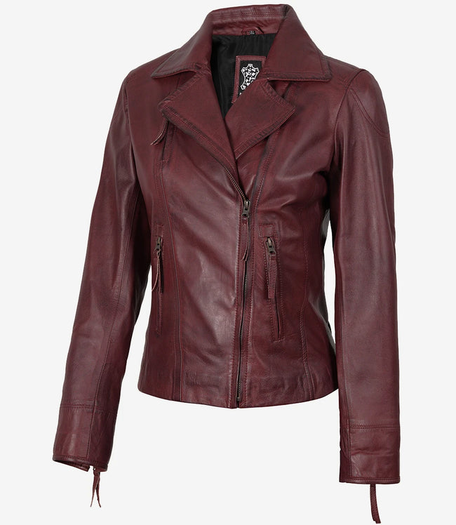 Women's Real Lambskin Leather Burgundy Biker Style Jacket