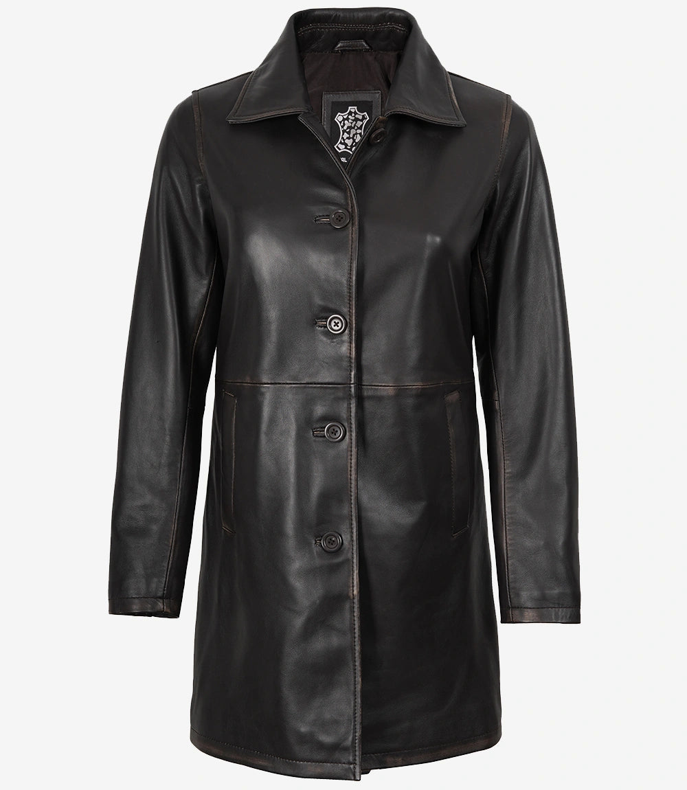 Women's Real Leather Distressed Brown 3/4 Length Coat