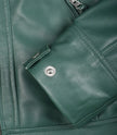 Womens Real Leather Green Biker Style Jacket - Quilted Shoulder