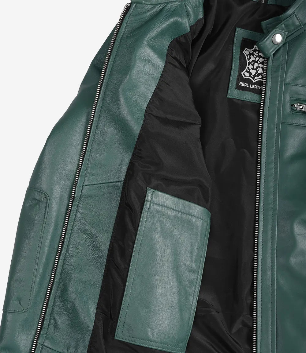 Womens Real Leather Green Biker Style Jacket - Quilted Shoulder