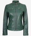 Womens Real Leather Green Biker Style Jacket - Quilted Shoulder