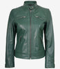 Womens Real Leather Green Biker Style Jacket - Quilted Shoulder