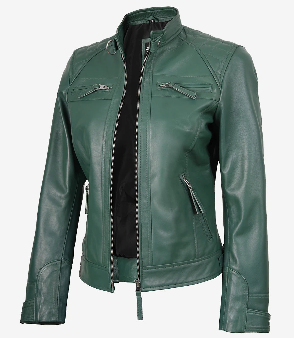 Womens Real Leather Green Biker Style Jacket - Quilted Shoulder