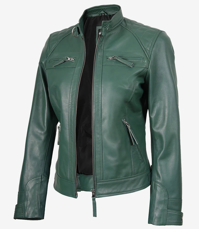 Womens Real Leather Green Biker Style Jacket - Quilted Shoulder