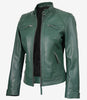 Womens Real Leather Green Biker Style Jacket - Quilted Shoulder