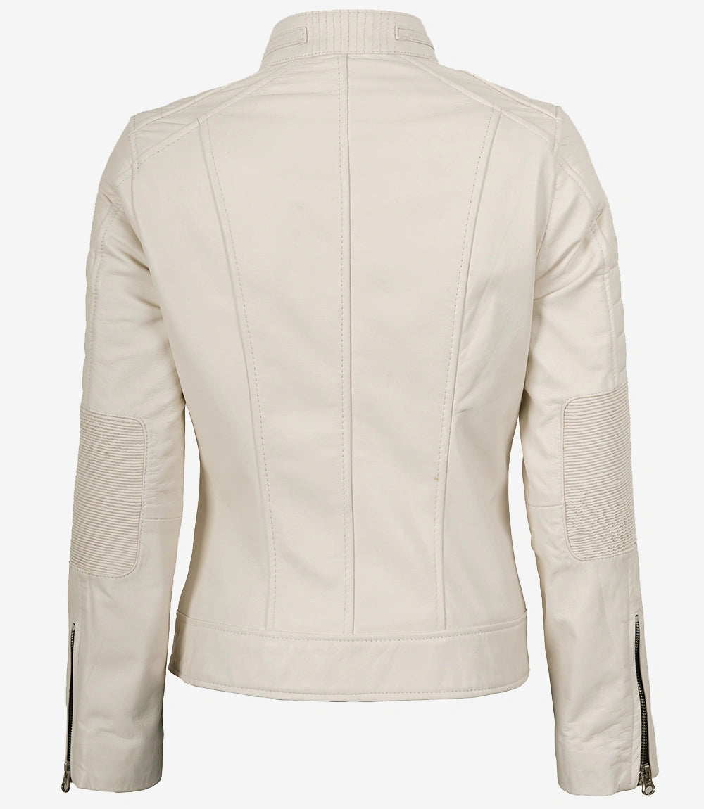 Women's Real Leather Off White Biker Style Leather Jacket