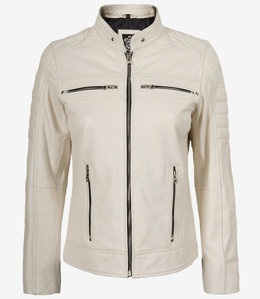 Women's Real Leather Off White Biker Style Leather Jacket