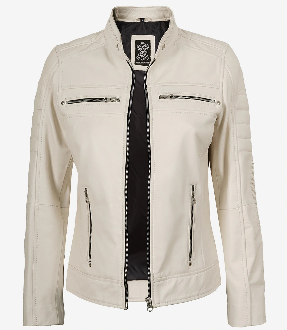 Women's Real Leather Off White Biker Style Leather Jacket
