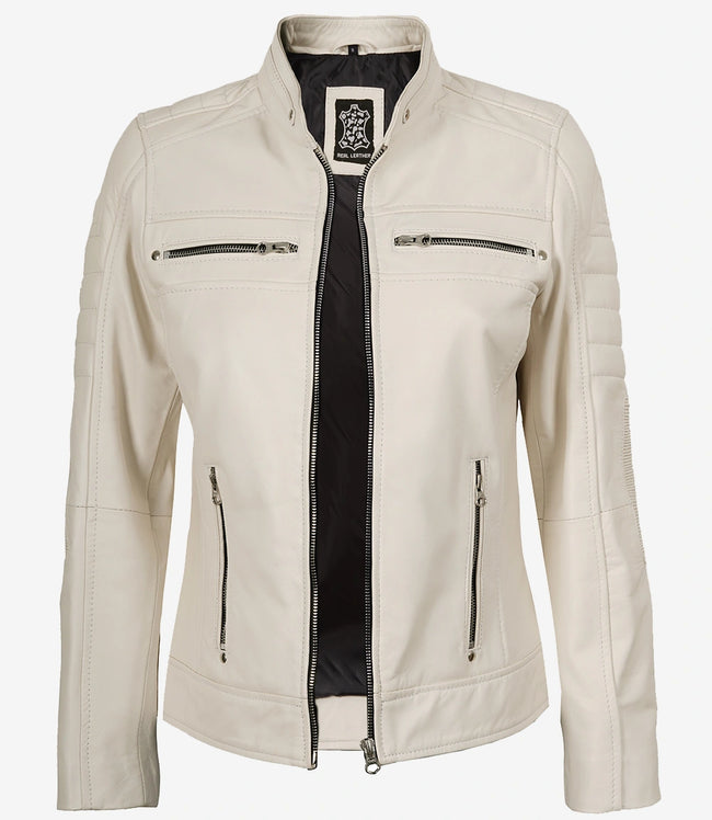 Women's Real Leather Off White Biker Style Leather Jacket