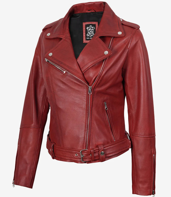 Women's Red Asymmetrical Belted Biker Style Leather Jacket