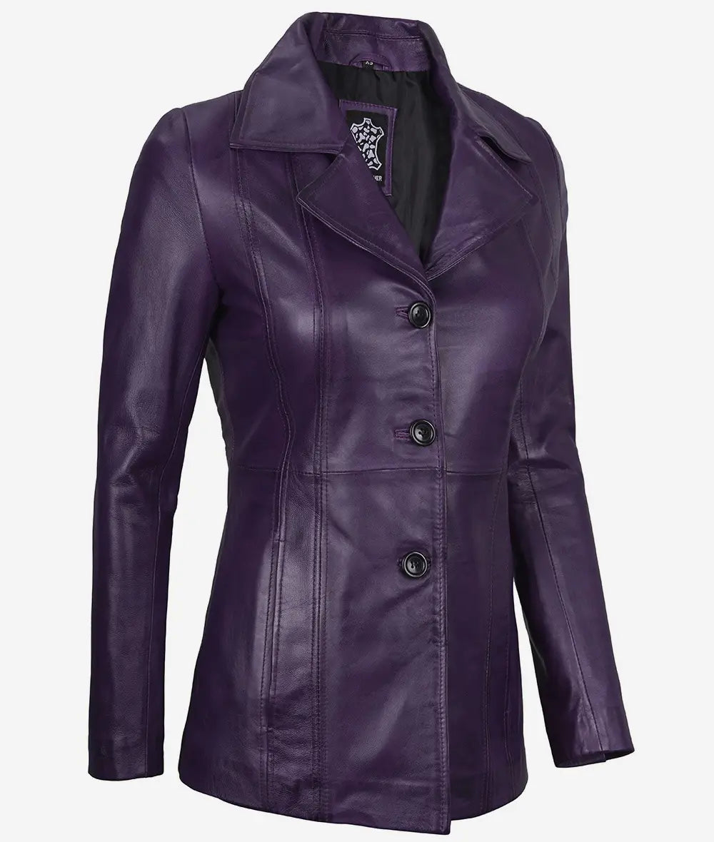 Womens Three Button Purple Leather Blazer