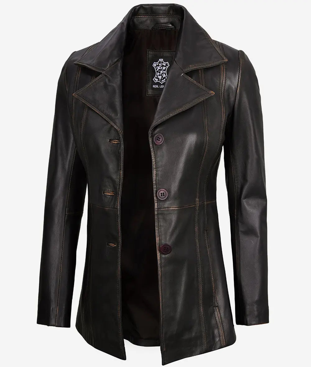 Womens Three Button Rub Off Brown Leather Blazer