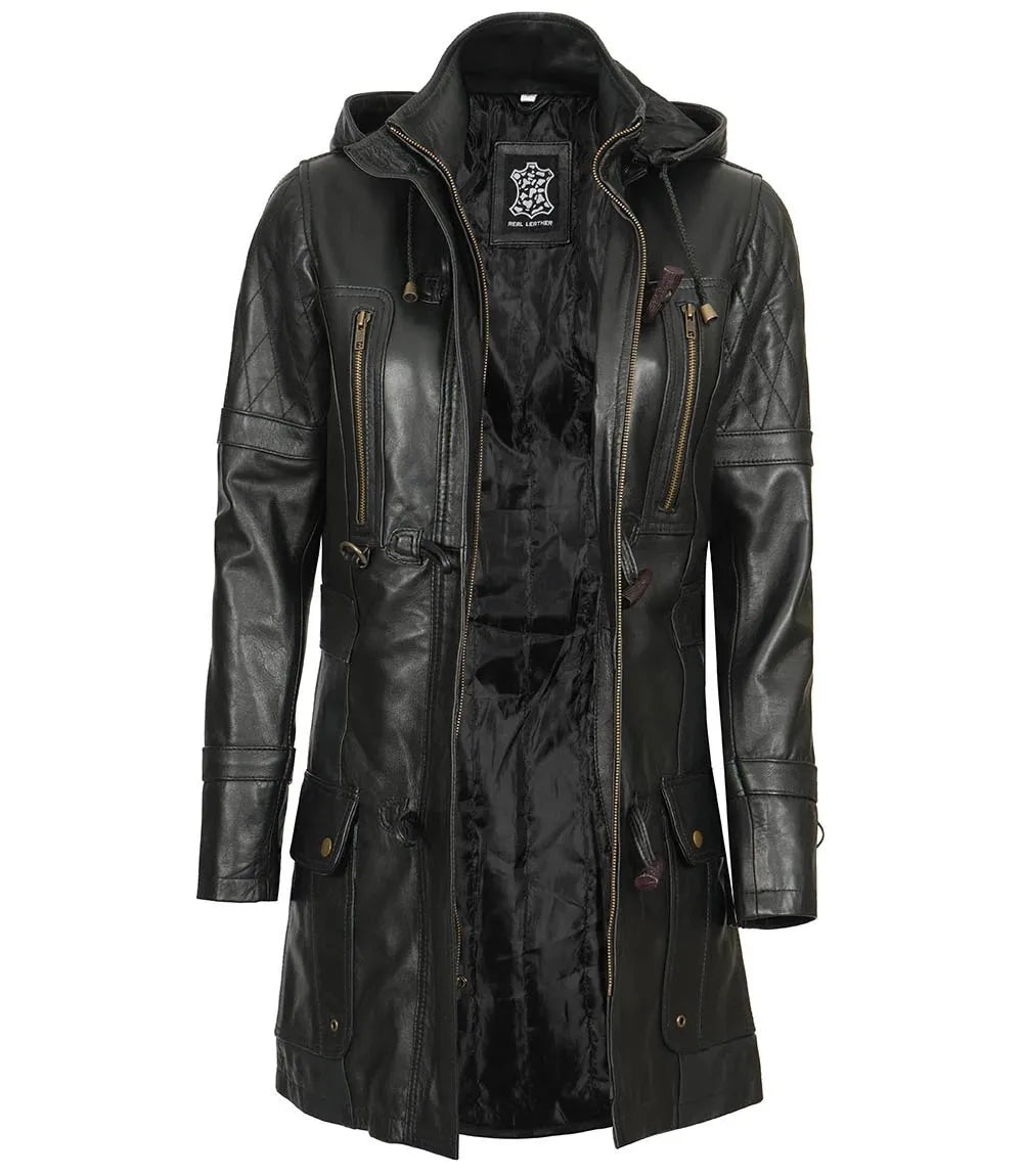 Womens Black 3 4 Length Leather Coat With Hood