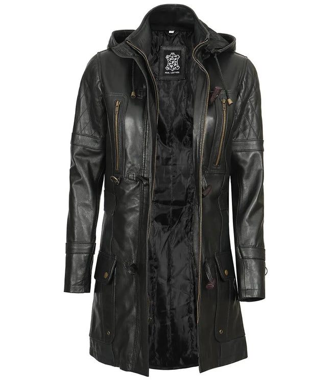 Womens Black 3 4 Length Leather Coat With Hood
