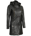 Womens Black 3 4 Length Leather Coat With Hood