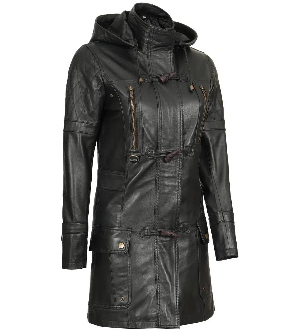 Womens Black 3 4 Length Leather Coat With Hood