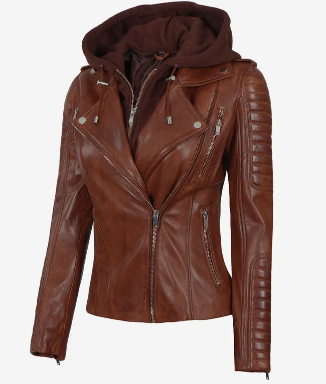 Womens Cognac Leather Jacket with Hood