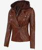 Womens Cognac Leather Jacket with Hood