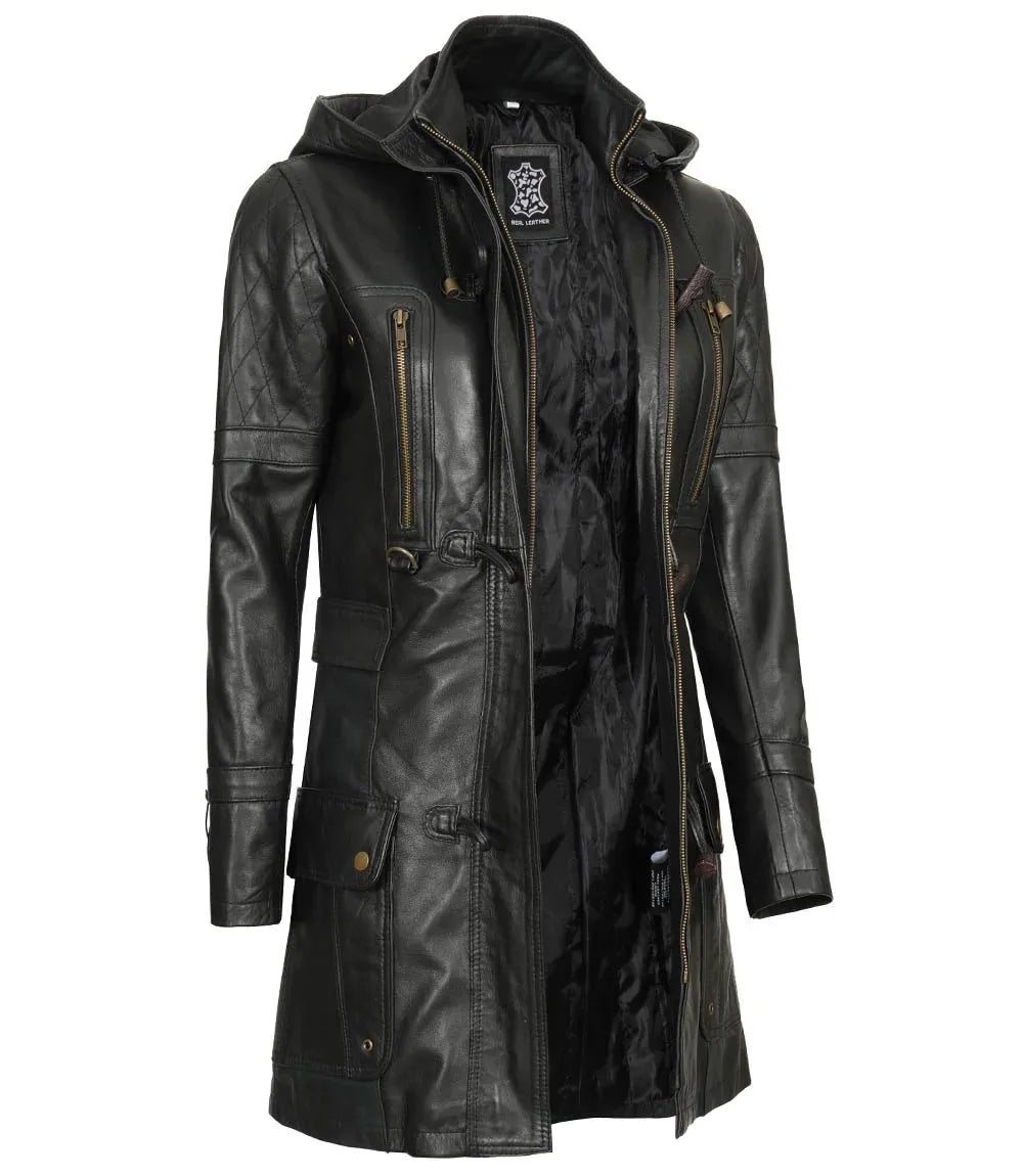Womens Black 3 4 Length Leather Coat With Hood