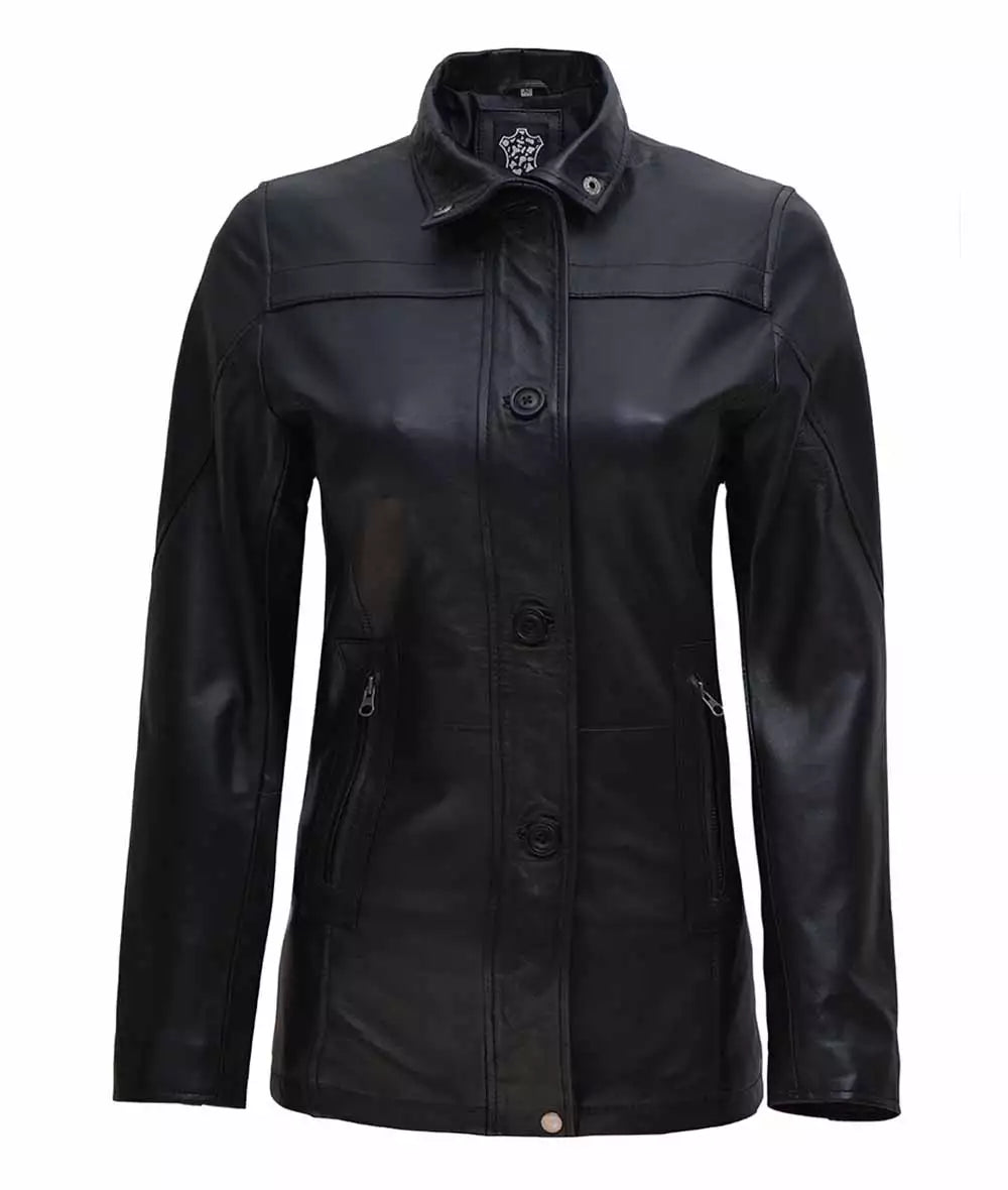 Womens Black Leather Car Coat