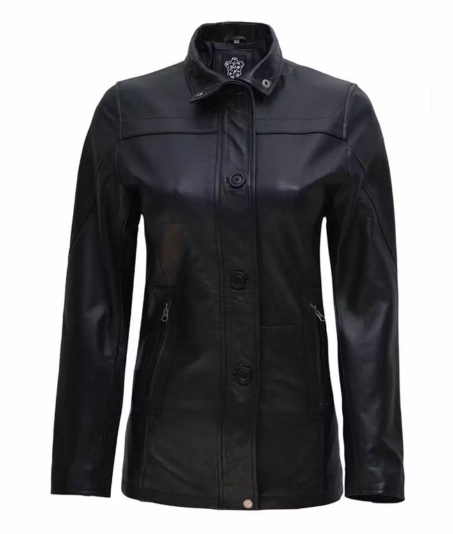 Womens Black Leather Car Coat
