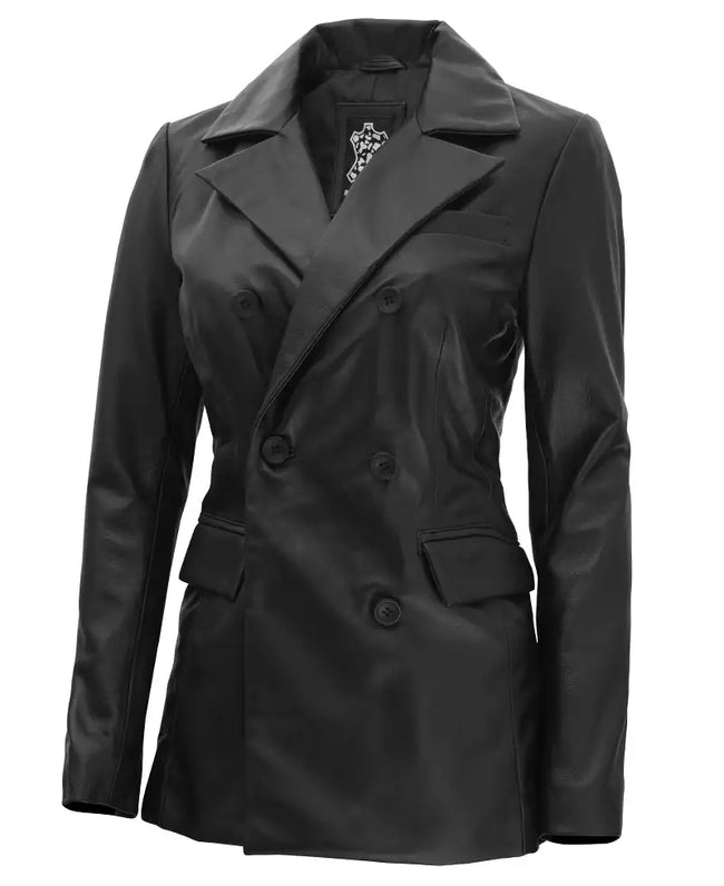 Black Double Breasted Leather Coat Women