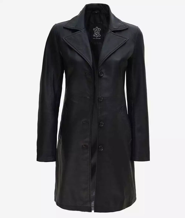 Womens Tall Wide Collar 3 Quarter Black Leather Coat