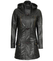 Womens Black 3 4 Length Leather Coat With Hood