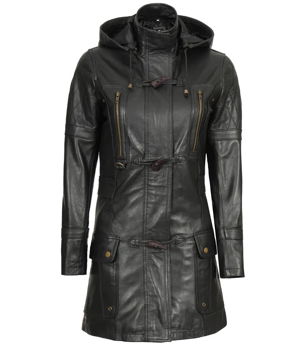 Womens Black 3 4 Length Leather Coat With Hood