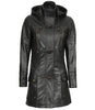 Womens Black 3 4 Length Leather Coat With Hood