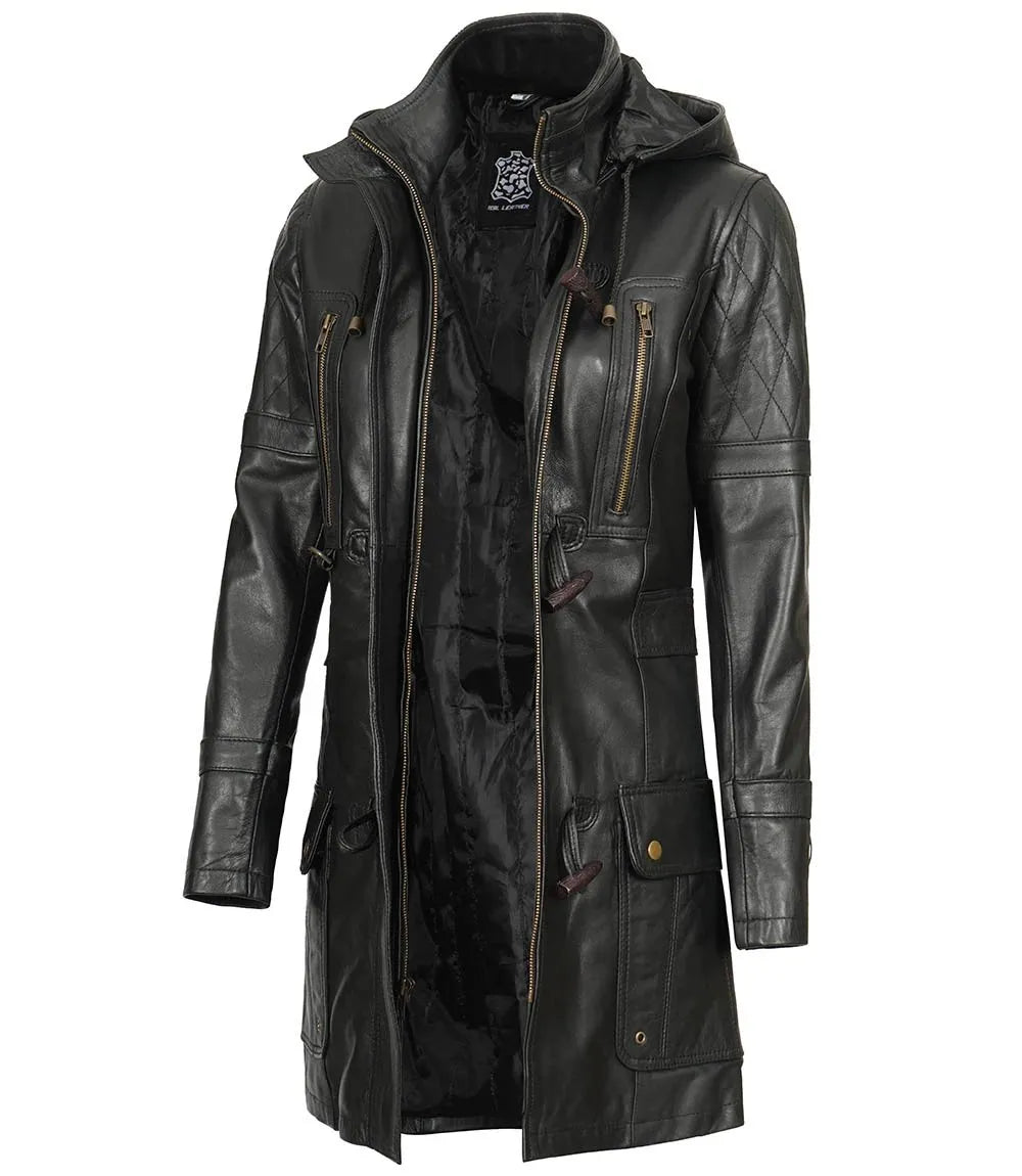 Womens Black 3 4 Length Leather Coat With Hood