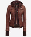Dark Brown Bomber Leather Jacket With Removable Hood