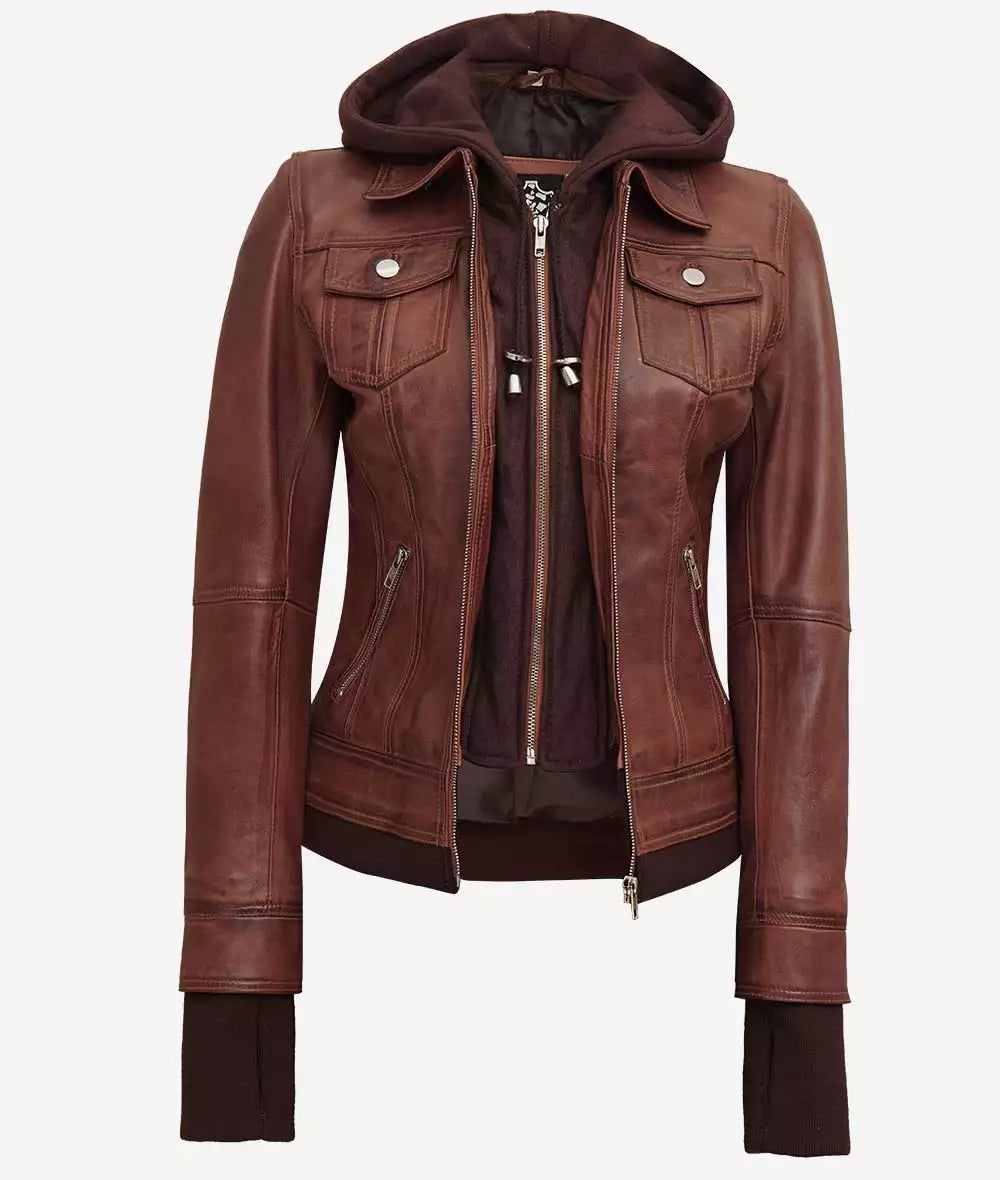 Dark Brown Bomber Leather Jacket With Removable Hood