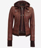 Dark Brown Bomber Leather Jacket With Removable Hood